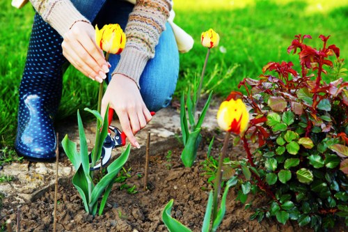 Workers performing safe garden maintenance with tools