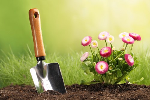 A close-up view of a garden scene featuring a small flowering plant with pink and white daisy-like flowers positioned in a well-maintained outdoor space. The plant is situated in a bed of dark, moist soil, with some freshly turned earth nearby. To the left of the plant, there is a small gardening trowel with a wooden handle and a metal blade partially embedded in the soil, indicating recent planting activity. The background displays a softly blurred lush green lawn and hints of sunlight, suggesting a bright, clear day in a residential garden environment. The scene reflects typical garden maintenance activities, emphasizing the natural textures of the plants, soil, and gardening tools, and subtly supporting local gardening services in Queens Park.